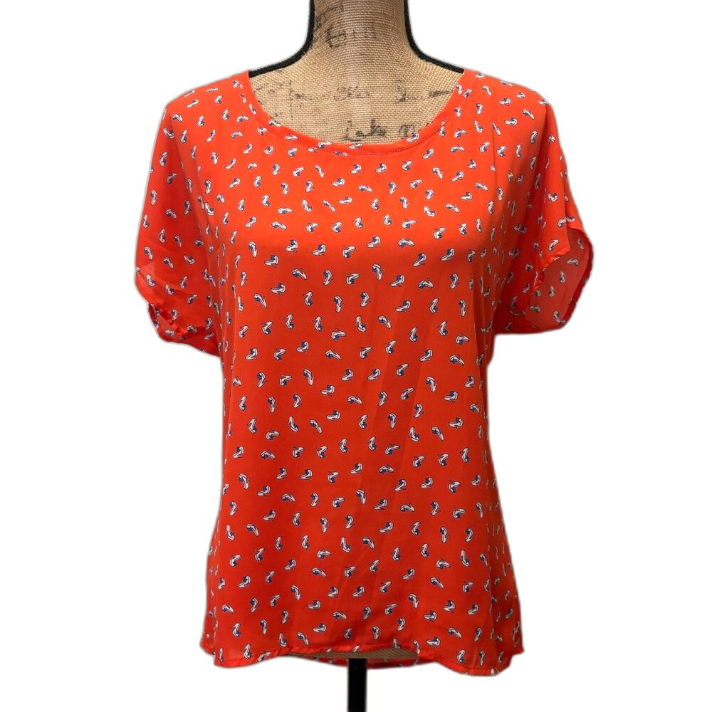 Pleione Red Orange Blouse Retro High Heel Kitsch Novelty‎ Print Feminine Size XS